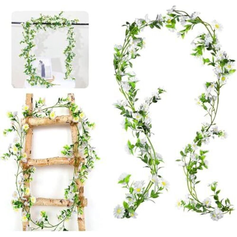 Blumengirlande Gänseblümchen Deko Blumen Girlande Frühling Outdoor Wetterfest Deko Blumen Blumenrebe mit Grüne Blätter Margeriten Kunstblumen Hängend