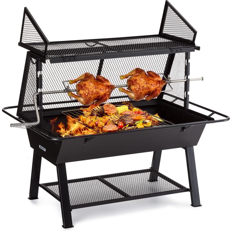 2-in-1 Rotisserie Grill, Manueller Grill mit Drehspieß, Großer Spießgrill für Hähnchen & Spanferkel, Grill mit Funkenschutz, Spieß Grill mit