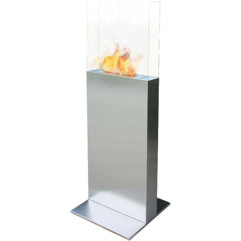 Bodenstehender Ethanol-Kamin, rechteckiges Turmdesign aus Stahl und gehärtetem Glas