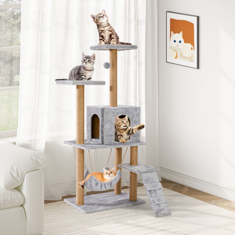 Boden-Kratzbaum, 136 cm hoch – mit Plattformen – gemütliche Hängematte – Kratzbaum – hängende Pompons – Grau