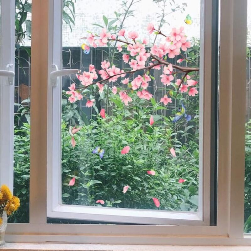 Bogen Fensteraufkleber mit Schmetterlingszweigen und rosa Blüten, 30 x 45 cm, beidseitig sichtbar, selbstklebend, wiederverwendbar