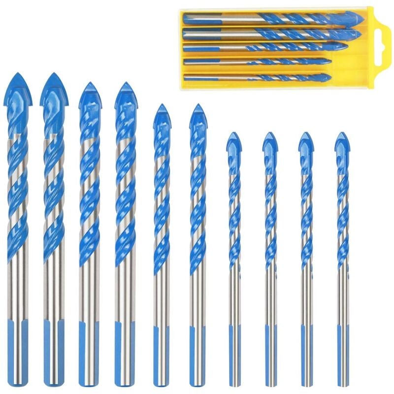 Bohrerset für Fliesen und Glas, 10 Stück Mehrzweckbohrer Dreieck Porzellan Bohrwerkzeug für Metall, Fliesen, Glas, Marmor, Spiegel, Holz,