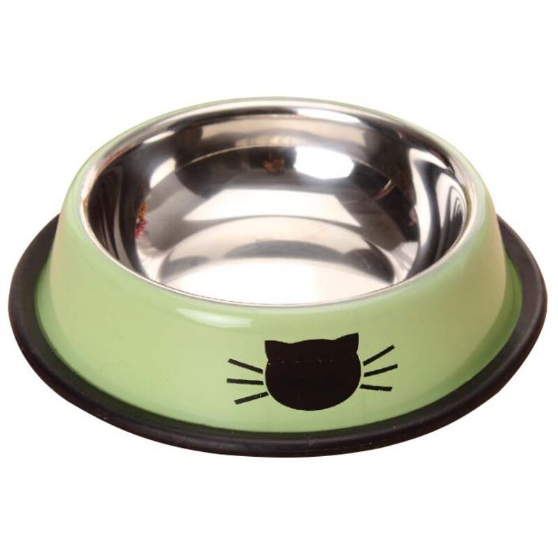 15,5 x 15,5 x 4,5 cm, 1 Stück, grüner Katzennapf aus Metall, Katzenkopf-förmiger Napf aus Edelstahl mit rutschfester Gummibasis