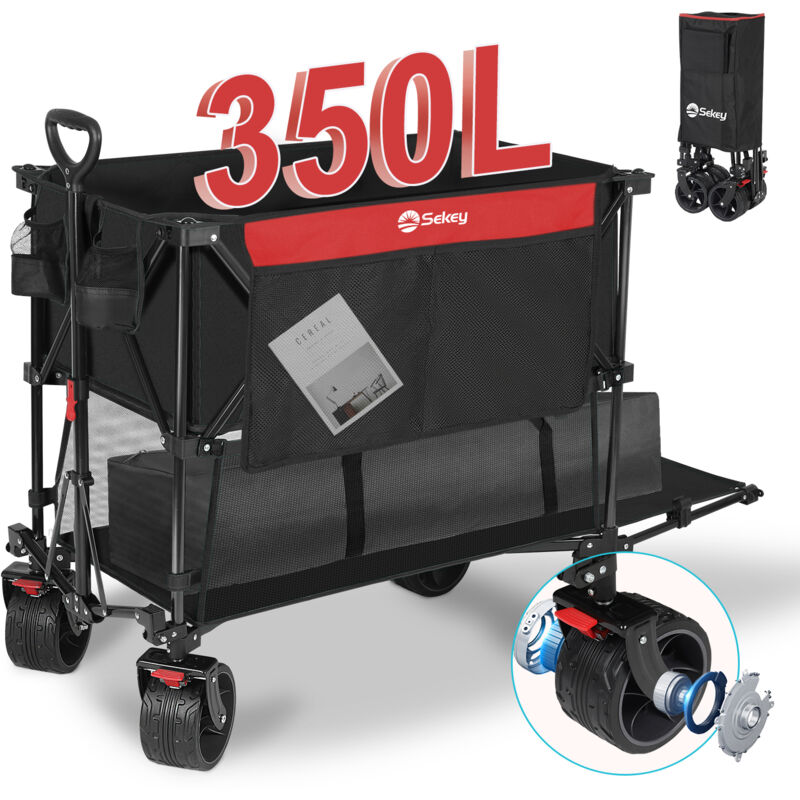 Bollerwagen Faltbar Strandwagen mit 350L Stauraum und extra breiten 17x10 cm Allgelände-Reifen, Rot und Schwarz - Sekey