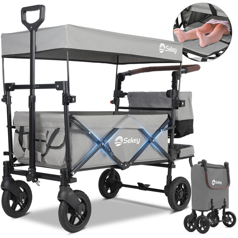 Bollerwagen Faltbar mit Dach 2 Kinder, Faltbarer Handwagen mit Schiebegriff und 3-Punkt-Sicherheitsgurt, bis 150 kg Tragkraft, Grau - Sekey