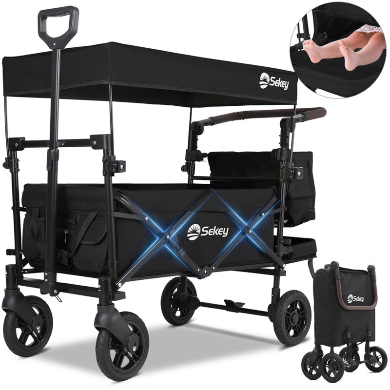 Bollerwagen Faltbar mit Dach 2 Kinder, Faltbarer Handwagen mit Schiebegriff und 3-Punkt-Sicherheitsgurt, bis 150 kg Tragkraft, Schwarz - Sekey