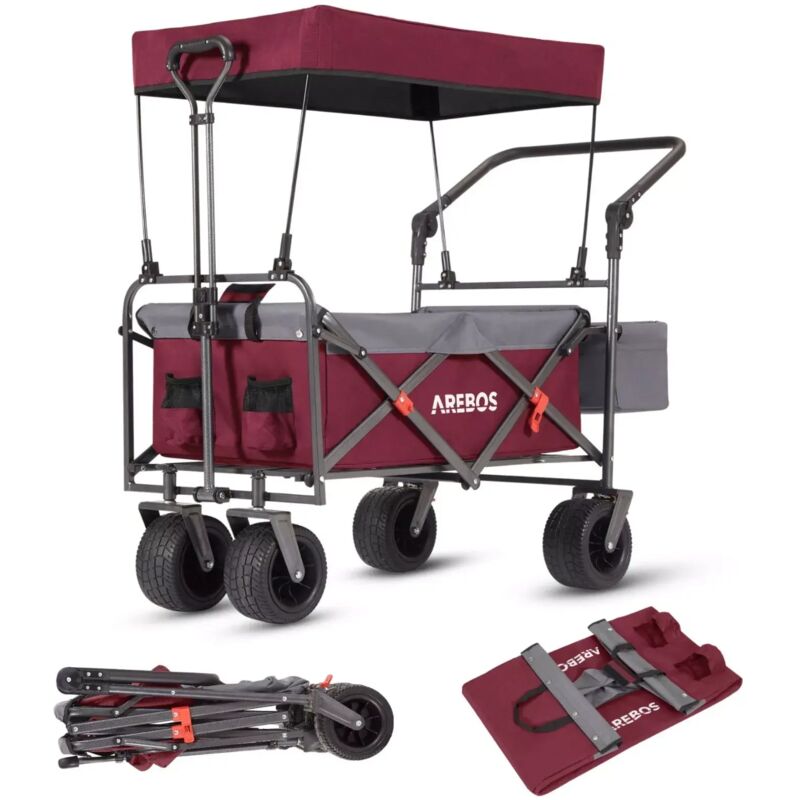 Arebos - Bollerwagen faltbar mit Dach Luxus Handwagen Faltwagen Transportwagen xxl Tasche klappbar bis 100 kg Gerätewagen 360° Vorderräder Inklusive