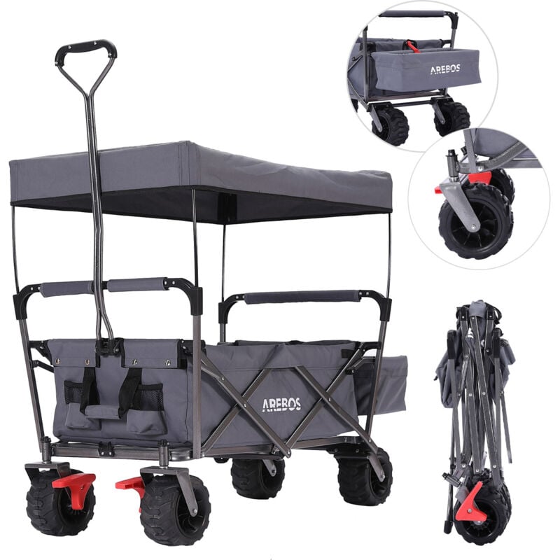 Arebos - Bollerwagen faltbar mit Dach Handwagen Transportkarre Gerätewagen inklusive 2 Netztaschen und Einer Aussentasche Vorderrad Bremse klappbar