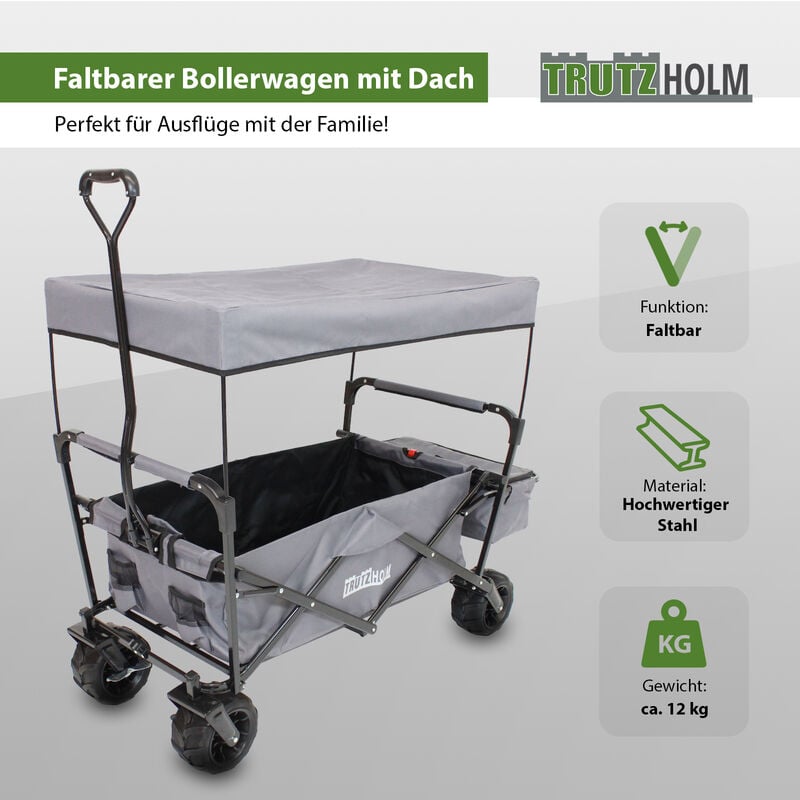 Trutzholm ® - Bollerwagen faltbar mit Sonnendach in grau mit Vollgummi-Breitreifen Transportwagen Handwagen