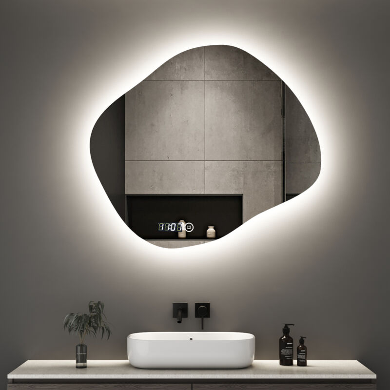 Boromal Asymmetrischer Beleuchtung mit Beleuchtung 74 x 64 cm LED Badspiegel mit Uhr Spiegel mit Beleuchtung, Uhr, Touch-Schalter, Dimmbar 3