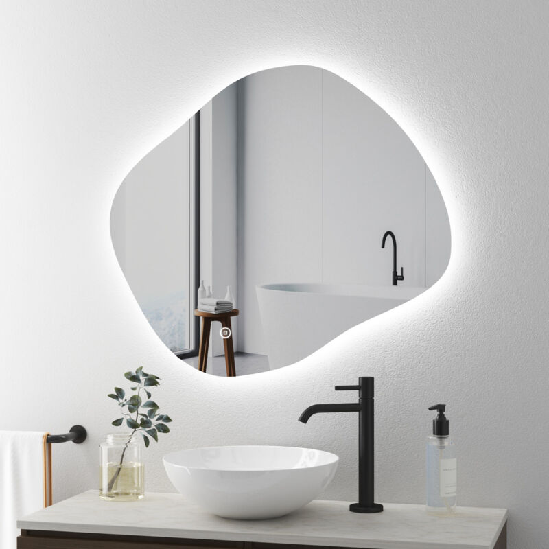 Boromal Asymmetrischer Spiegel mit Beleuchtung 74x64cm LED Badspiegel mit Beleuchtung Asymmetrischer Spiegel mit Licht LED Spiegel Badezimmerspiegel