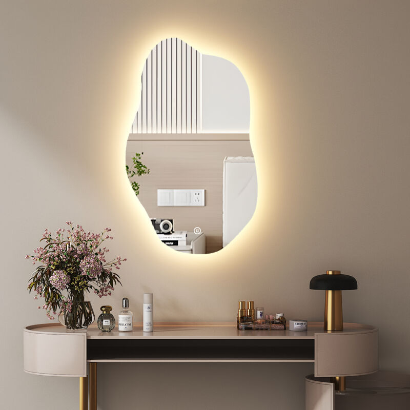 Boromal Asymmetrischer Spiegel mit Beleuchtung 62x90cm LED Badspiegel Asymmetrischer Spiegel mit Licht Lichtspiegel LED Spiegel Badezimmerspiegel