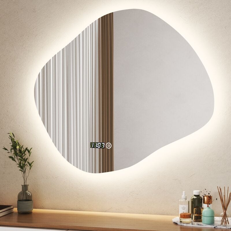 Boromal Asymmetrischer Beleuchtung mit Beleuchtung und Uhr 74 x 64 cm LED Badspiegel mit Licht Spiegel mit Beleuchtung, Touch-Schalter, Dimmbar 3