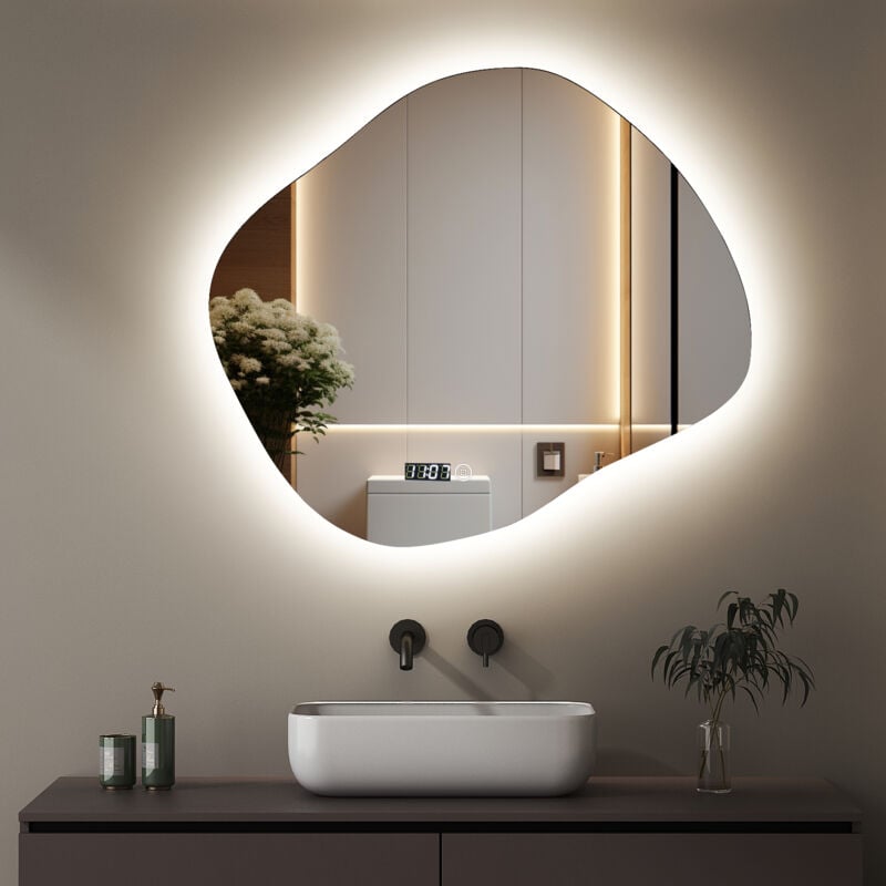 Boromal Asymmetrischer Beleuchtung mit Beleuchtung und Uhr 74 x 64 cm LED Badspiegel mit Uhr Spiegel mit Beleuchtung, Touch-Schalter, Dimmbar 3