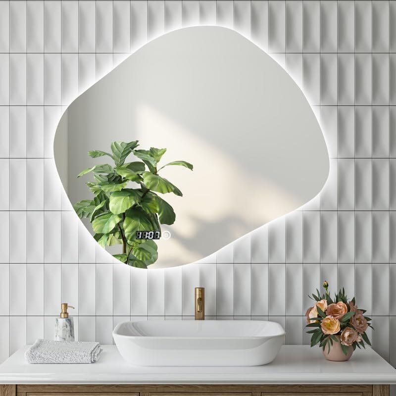 Asymmetrischer Spiegel mit Beleuchtung, Badspiegel mit Beleuchtung 74x64cm Badezimmerspiegel led Spiegel mit Uhr, Touch-Schalter, Dimmbar, 3