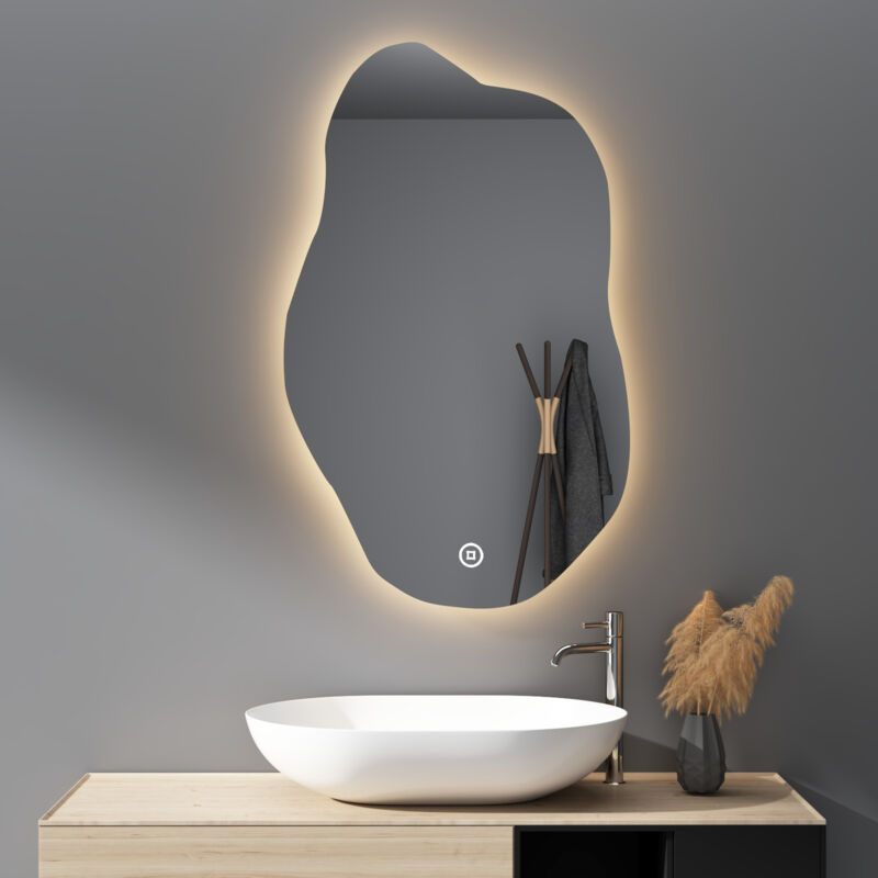 Asymmetrischer Spiegel mit Beleuchtung led Badspiegel 52x85cm Badezimmerspiegel mit Beleuchtung led Spiegel mit Touch-Schalter, Dimmbar 3 Lichtfarbe