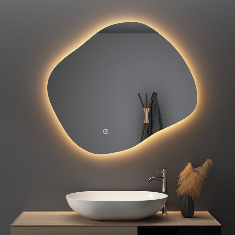 Asymmetrischer Badspiegel mit Beleuchtung 84x74cm Asymmetrischer Spiegel mit Beleuchtung Spiegel mit Licht Badezimmer Wandspiegel mit Touch-Schalter