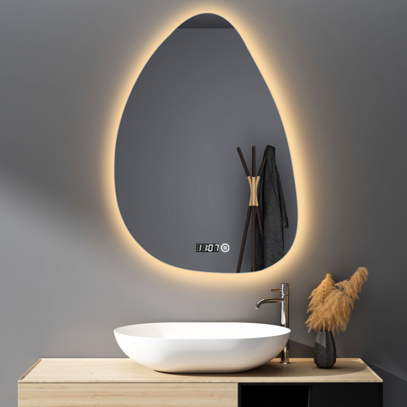 Asymmetrischer Spiegel mit Beleuchtung led Badspiegel 55x80cm Badezimmerspiegel mit Uhr led Spiegel mit Uhr, Touch-Schalter, Dimmbar 3 Lichtfarbe