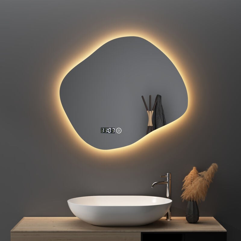 Boromal LED Badspiegel mit Beleuchtung und Uhr Asymmetrischer Spiegel mit Beleuchtung 74x64cm Asymmetrischer Spiegel mit Licht Wandspiegel mit Uhr,