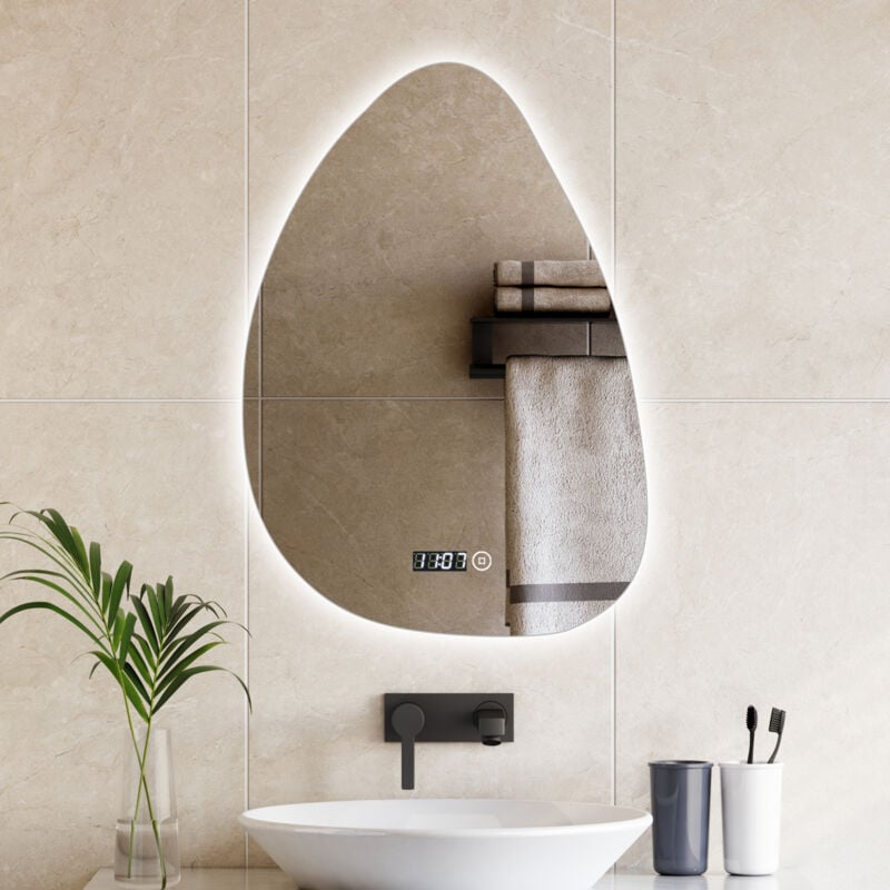 Asymmetrischer Spiegel mit Beleuchtung und Uhr Badspiegel mit Beleuchtung 55x80cm Spiegel mit Licht Badezimmerspiegel mit Beleuchtung + Uhr,