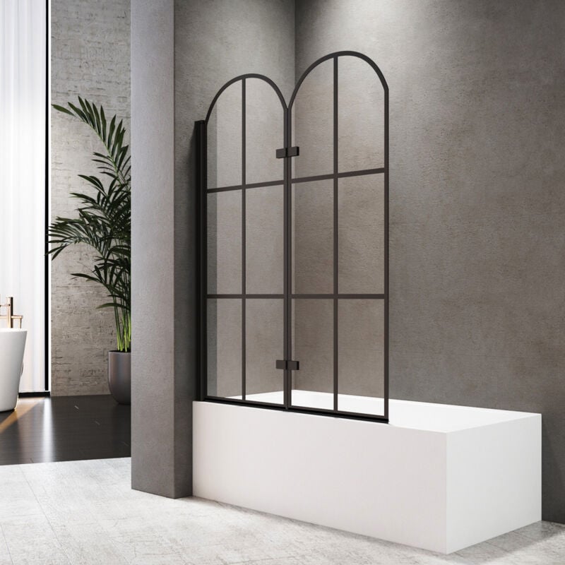 Boromal Badewannenaufsatz mit schwarzem Gitterdruck Duschwand für Badewanne Duschtrennwand für Badewanne Faltwand Duschabtrennung Badewanne Duschwand