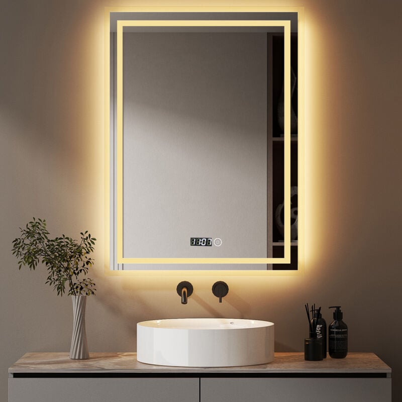 Boromal - Badspiegel Dimmbar 50x70cm Badspiegel mit Uhr led Spiegel mit Uhr 3 Lichtfarbe 3000-6500K Kaltweiß Neutral Warmweiß led Spiegel Wandspiegel
