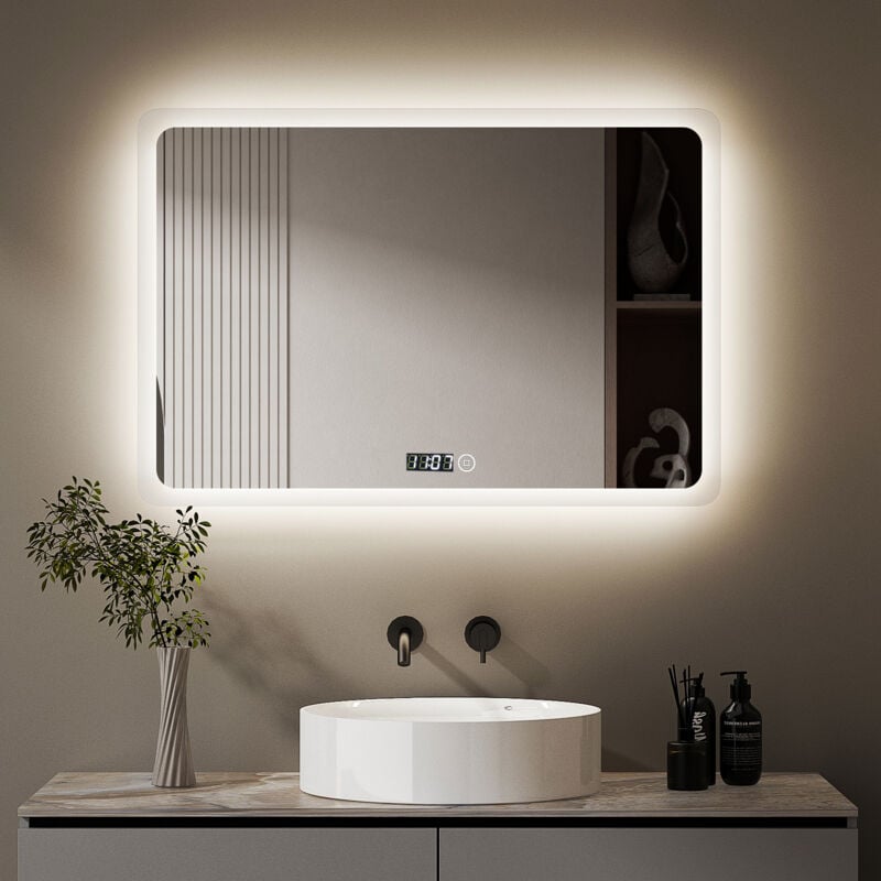 Boromal Badspiegel mit Beleuchtung 100 x 60 cm LED Spiegel mit Uhr Spiegel mit Beleuchtung Lichtspiegel Badezimmerspiegel mit Beleuchtung Wandspiegel