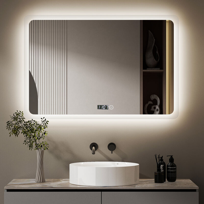 Boromal Badspiegel mit Beleuchtung 80 x 60 cm LED Spiegel mit Uhr Spiegel mit Beleuchtung Lichtspiegel Badezimmerspiegel mit Beleuchtung Wandspiegel