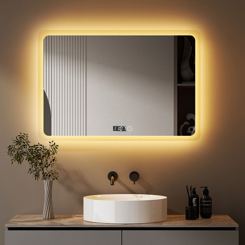 Boromal Badspiegel mit Beleuchtung 80 x 60 cm LED Spiegel mit Uhr Spiegel mit Beleuchtung Badezimmerspiegel mit Beleuchtung Lichtspiegel Wandspiegel