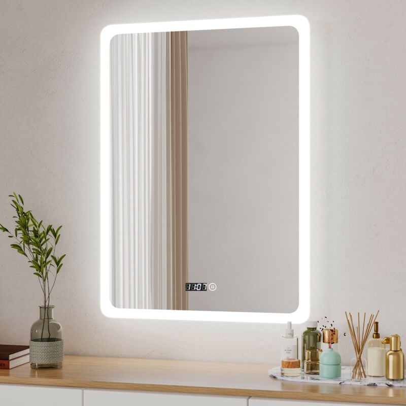 Boromal Badspiegel mit Beleuchtung LED Spiegel mit Uhr 50 x 70 cm Spiegel mit Beleuchtung Badezimmerspiegel mit Beleuchtung Lichtspiegel Wandspiegel