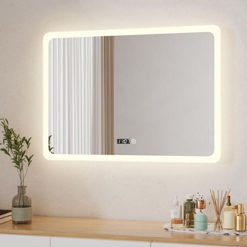 Boromal Badspiegel mit Beleuchtung LED Spiegel mit Uhr 80x60cm Spiegel mit Beleuchtung Badezimmerspiegel mit Beleuchtung Lichtspiegel Wandspiegel mit