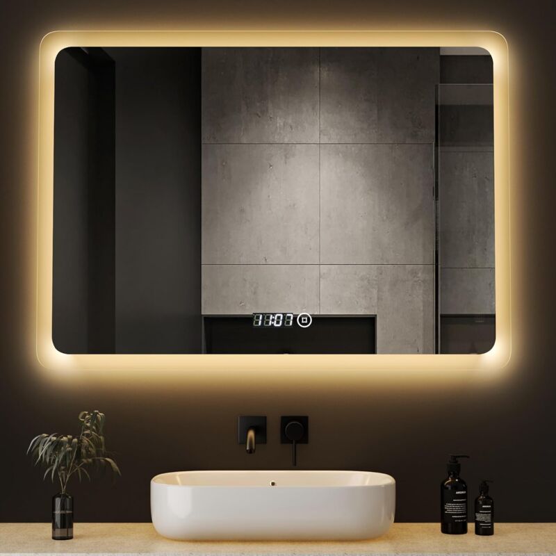 Badspiegel mit Uhr 80x60cm Badezimmerspiegel Badspiegel mit Beleuchtung led Spiegel mit Uhr Kosmetikspiegel Schminkspiegel Wandspiegel mit