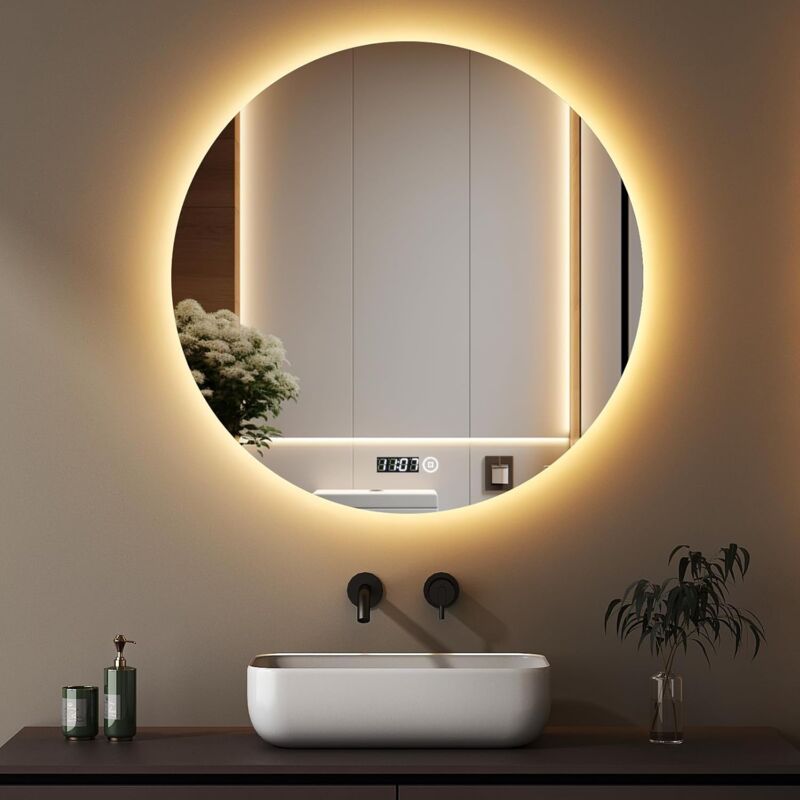 Badspiegel Rund mit Beleuchtung 60cm Runder led Spiegel mit Beleuchtung und Uhr Runder Badezimmerspiegel mit Beleuchtung Wandspiegel Rund mit 3