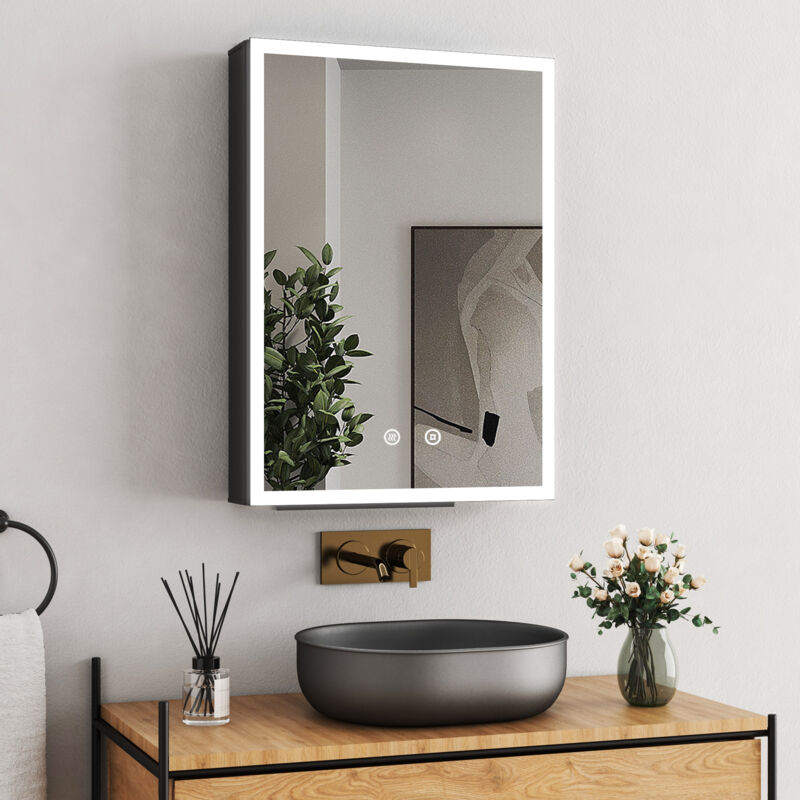 Boromal LED Spiegelschrank Bad mit Beleuchtung 40x60cm Schwarz Spiegelschrank Spiegelschränke Hängeschrank Badezimmerschrank Badschrank