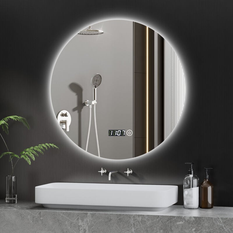 Boromal LED Badspiegel mit Beleuchtung mit Uhr 60x60cm Badspiegel Rund Spiegel mit Beleuchtung Badezimmerspiegel Rund mit Beleuchtung Wandspiegel