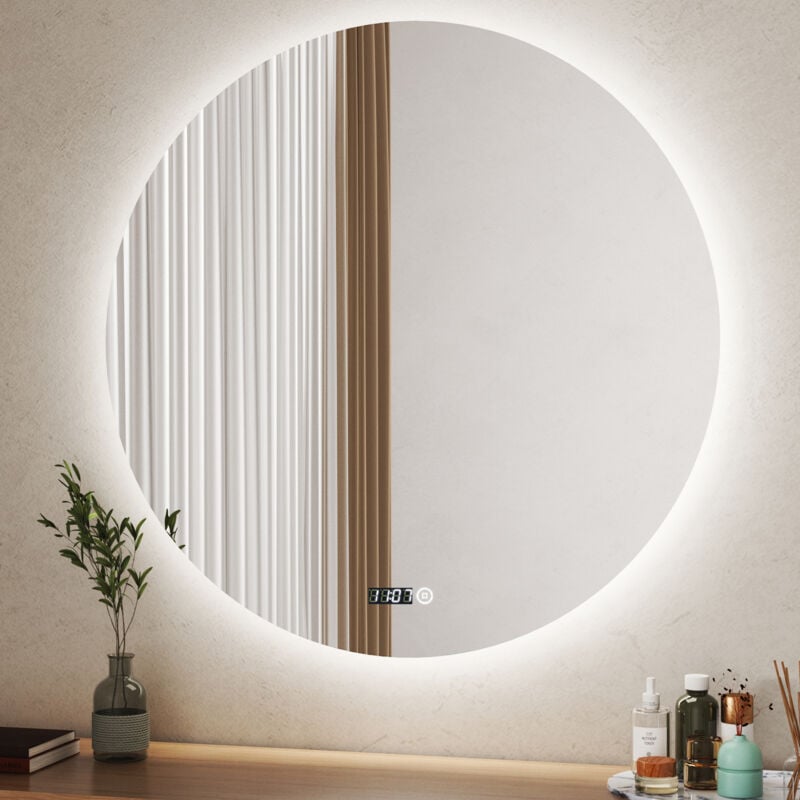 Boromal LED Badspiegel mit Beleuchtung Rund mit Uhr 80x80cm Runder Spiegel mit Beleuchtung Lichtspiegel Badezimmerspiegel Rund mit Beleuchtung