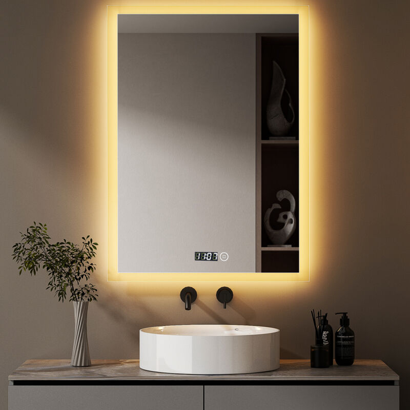 Boromal - led Badspiegel mit Beleuchtung und Uhr 50 x 70 cm Badezimmerspiegel mit Uhr led Spiegel Bad mit Beleuchtung Kosmetikspiegel Schminkspiegel