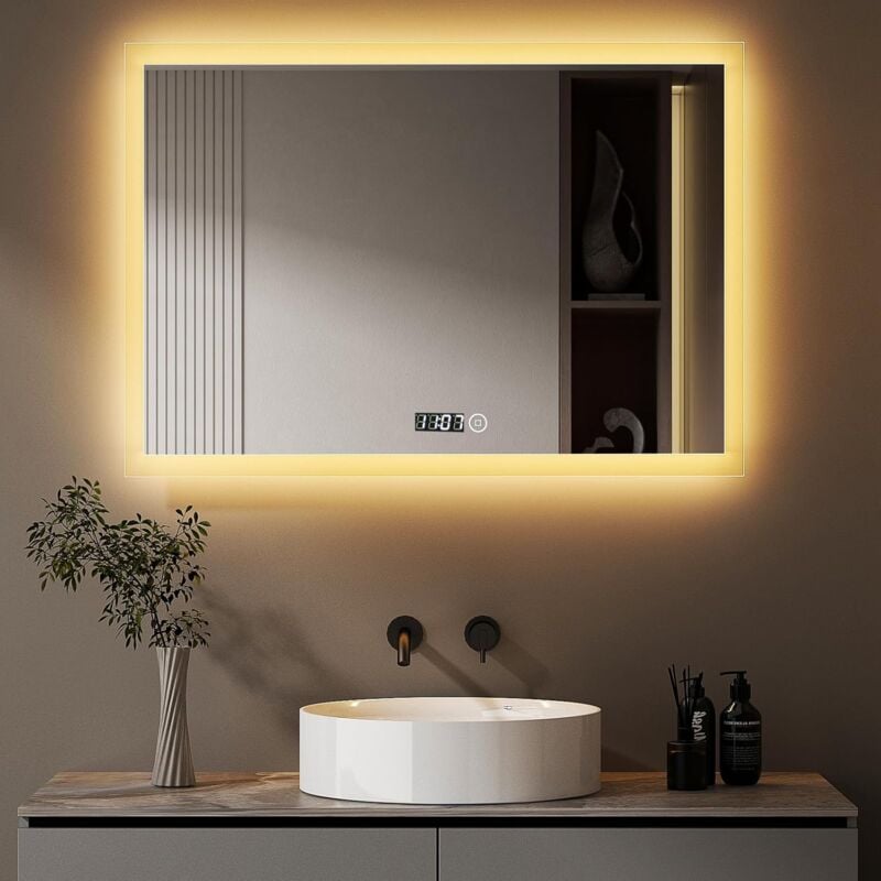 Led Badspiegel mit Beleuchtung und Uhr 80 x 60 cm Badezimmerspiegel mit Uhr led Spiegel Bad mit Beleuchtung Kosmetikspiegel Schminkspiegel mit Uhr,