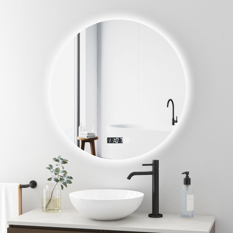 Boromal Runder Badspiegel mit Beleuchtung mit Uhr 70x70cm LED Badspiegel Rund Spiegel mit Beleuchtung Badezimmerspiegel Rund mit Beleuchtung