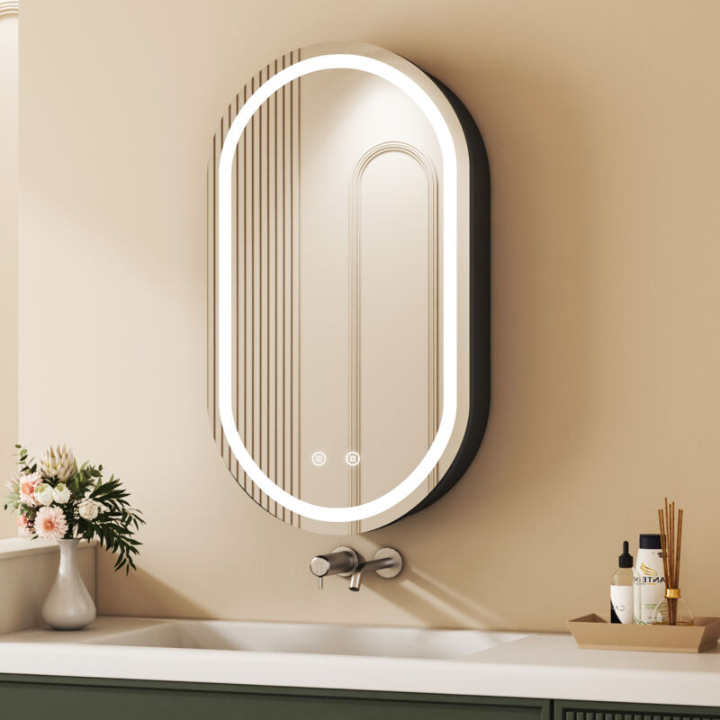 Boromal Ovaler Spiegelschrank Bad mit Beleuchtung 40x70cm Aluminium LED Spiegelschrank mit Beleuchtung Badezimmerschrank, Badschrank Medizinschrank