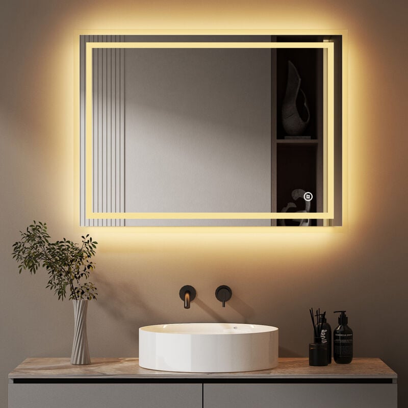 Spiegel mit Beleuchtung 60x80cm Badezimmerspiegel mit Beleuchtung Badspiegel mit Beleuchtung Lichtspiegel Wandspiegel mit Touchschalter, 3