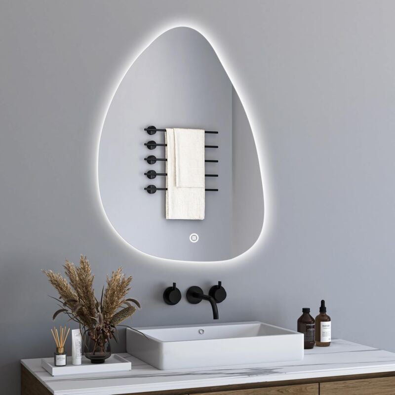 Spiegel mit Beleuchtung Asymmetrischer led Badspiegel 55x80cm Badezimmerspiegel mit Beleuchtung led Spiegel mit Touch-Schalter, Dimmbar 3 Lichtfarbe