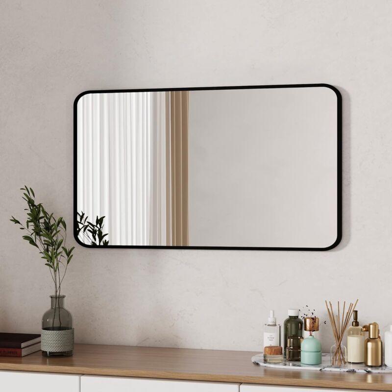 Rechteckig Spiegel Schwarz 100x70cm Rechteckiger Spiegel mit Metall Rahmen Schwarz Spiegel Wandspiegel Schwarz für Badezimmer, Waschräume,