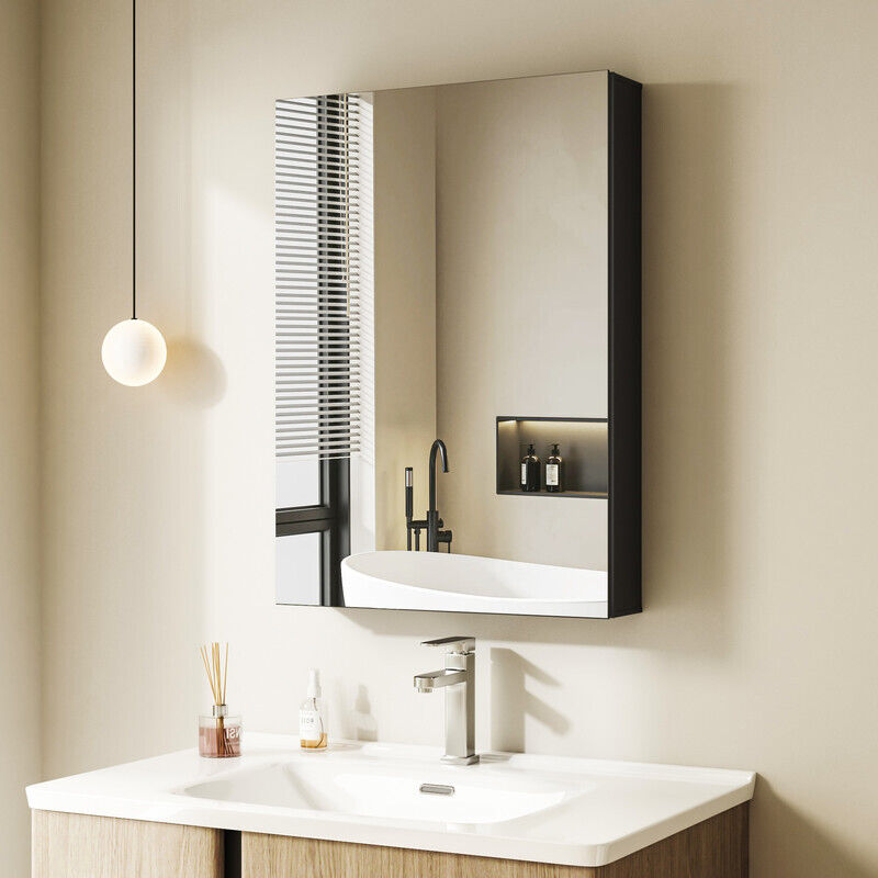 Boromal - Spiegelschrank Bad 50 x 70 x 12,5 cm Badezimmer Spiegelschrank mit Innenspiegel Schwarz Metall Badezimmerschrank mit Spiegel und