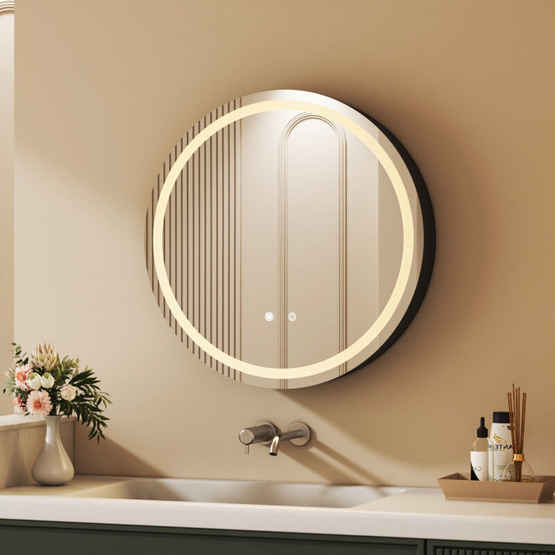 Boromal - Spiegelschrank Bad mit Beleuchtung Badezimmer Spiegelschrank mit Beleuchtung Schwarz Metall led Badezimmerschrank Rund mit Steckdose +