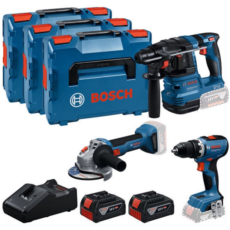 Bosch Professional Bosch Profi Set 18V: Akku-Bohrschrauber GSR 18V-65 + Akku Bohrhammer GBH 18V-22 + Akku-Winkelschleifer GWS 18V-8, incl. 2x Akku
