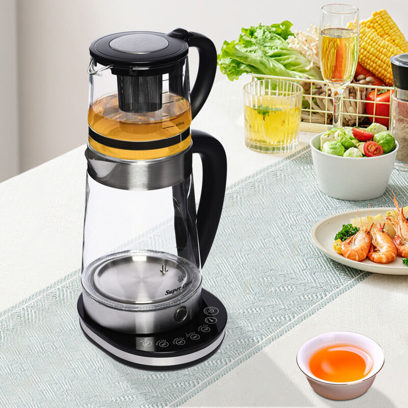 Glas-Wasserkocher mit LED-Anzeige, Temperaturregelung + Warmhaltefunktion, Edelstahl-Teefilter + Zubehör für Teekanne, Wasserkocher, Kochschutz