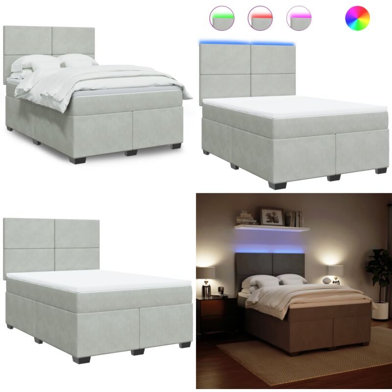 Boxspringbett mit Matratze Hellgrau 140x200 cm Samt - Boxspringbett - Doppelbett - Samtbett - Led Beleuchtung - Höhenverstellbares Kopfteil - Home &