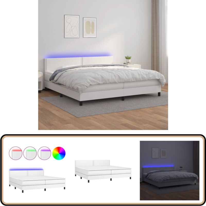 Boxspringbett mit Matratze & led Weiß 200x200 cm Kunstleder - Boxspringbett - Doppelbett - Bettenrahmen - Lederbettwäsche - Luxusbett