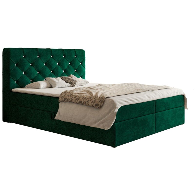 Polo Boxspringbett 180x200 cm, Doppelbett mit Bettkasten, Matratze H3, Samtstoff Grün (Kronos 19)